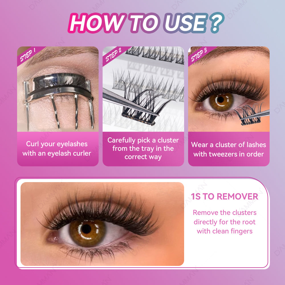 DAMMAN Press On Lash Cluster with tweezers (Self-adhesive Lash Cluster- NO Glue Need Lashes)